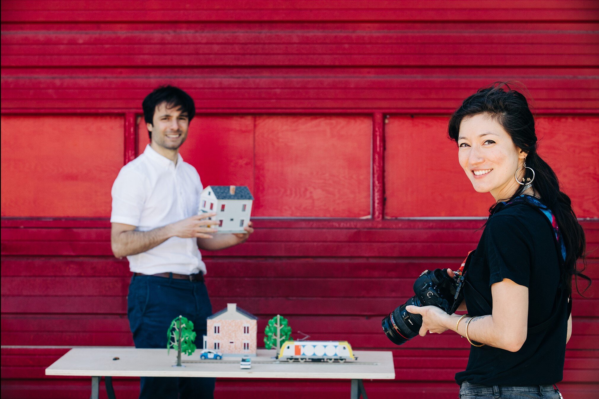 Photo of Anther Kiley of Cardkits Toys (left) and Rue Sakayama (right). Photo by Matt Cavallaro.